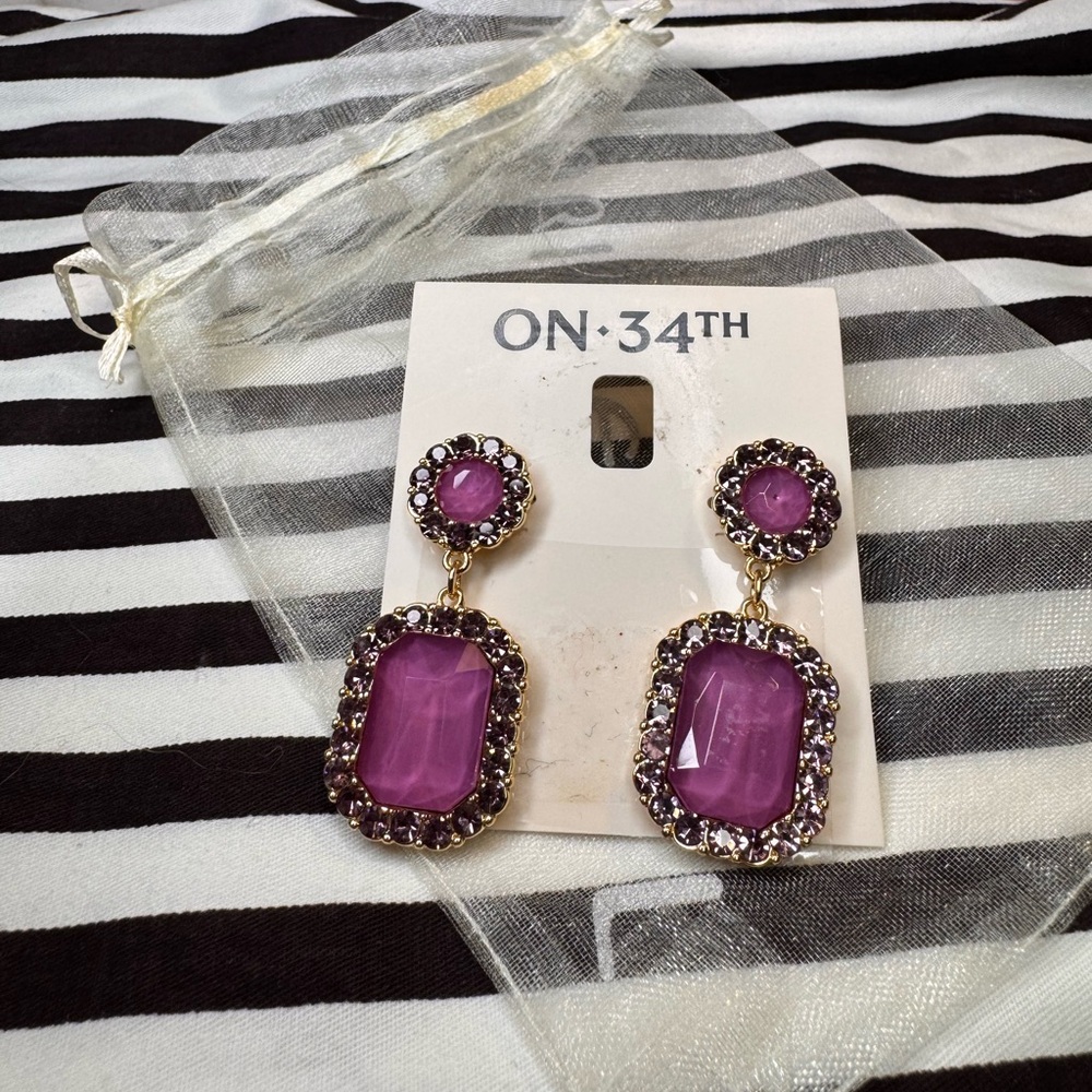 On 34th Statement Purple Double drop Gold Earrings pierced NWT - Picture 3 of 6